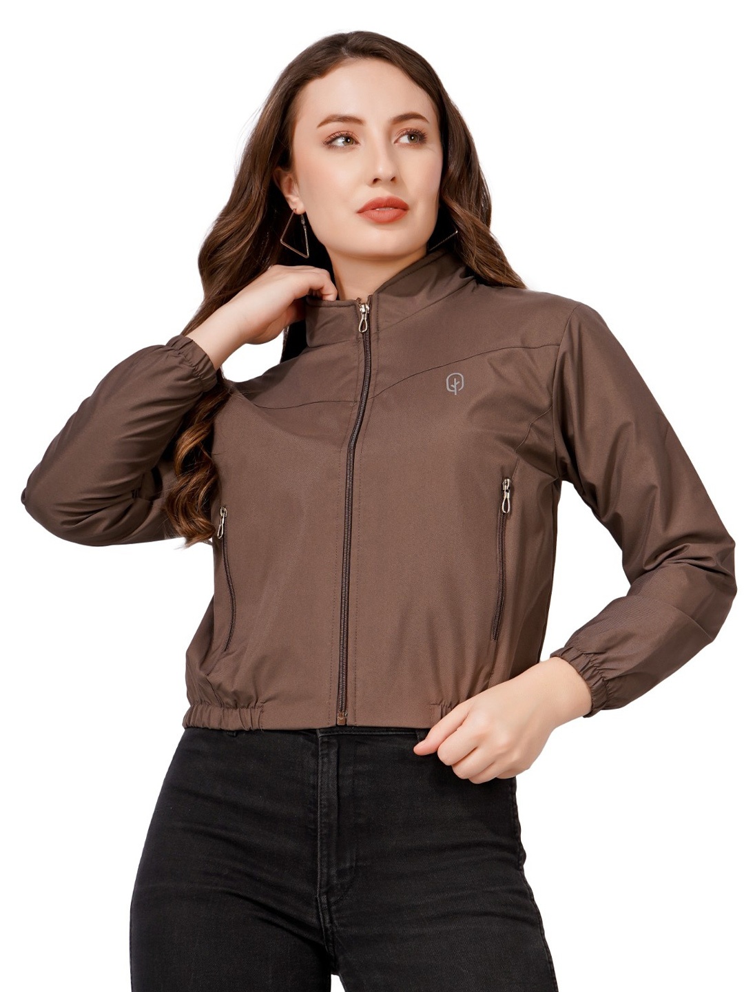 

BLUEFICUS Women Mock Collar Solid Casual Biker Jacket, Brown