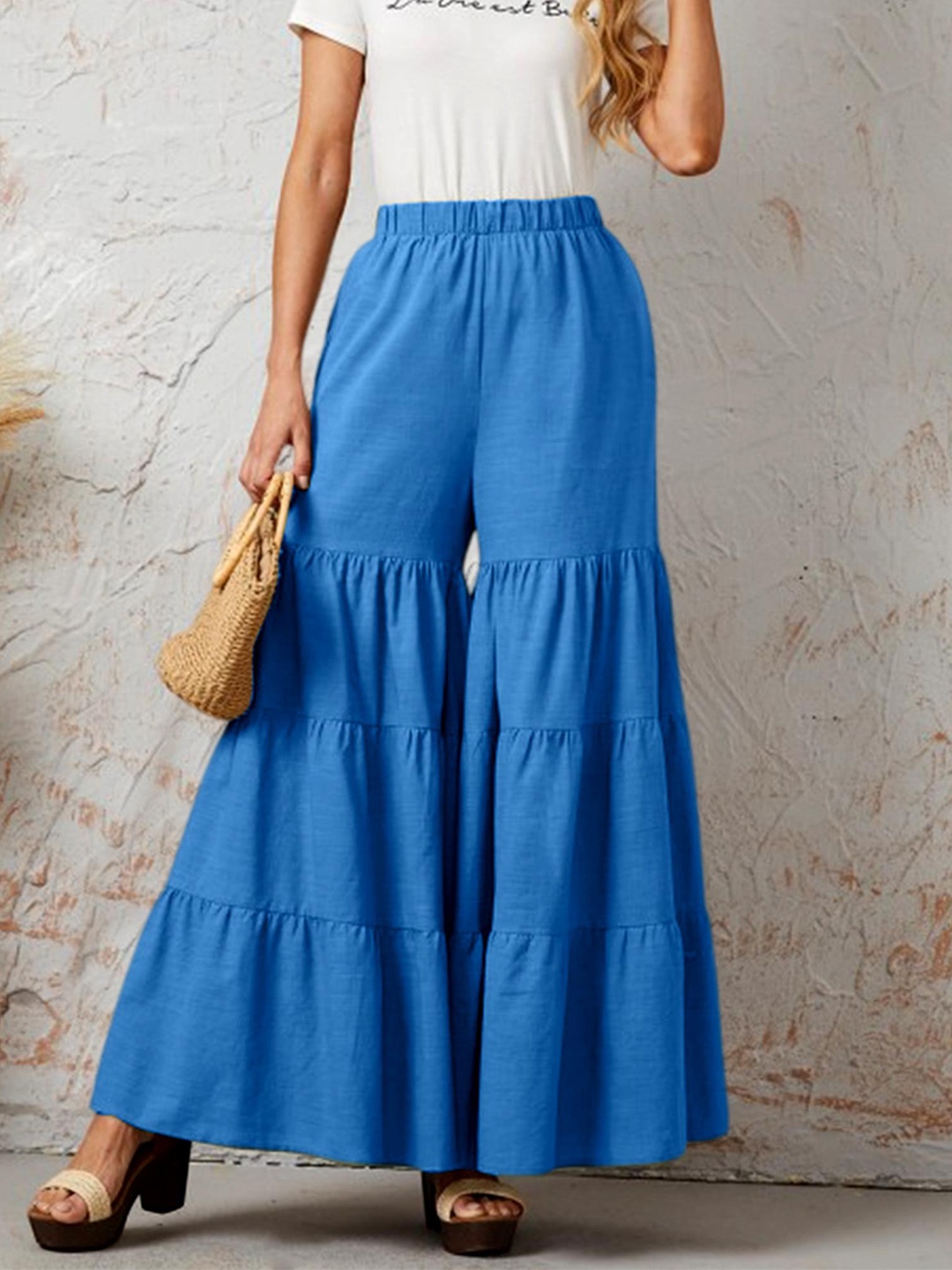 

CHANDERKASH Women Classic Loose Fit Pleated Wide Leg Trousers, Blue