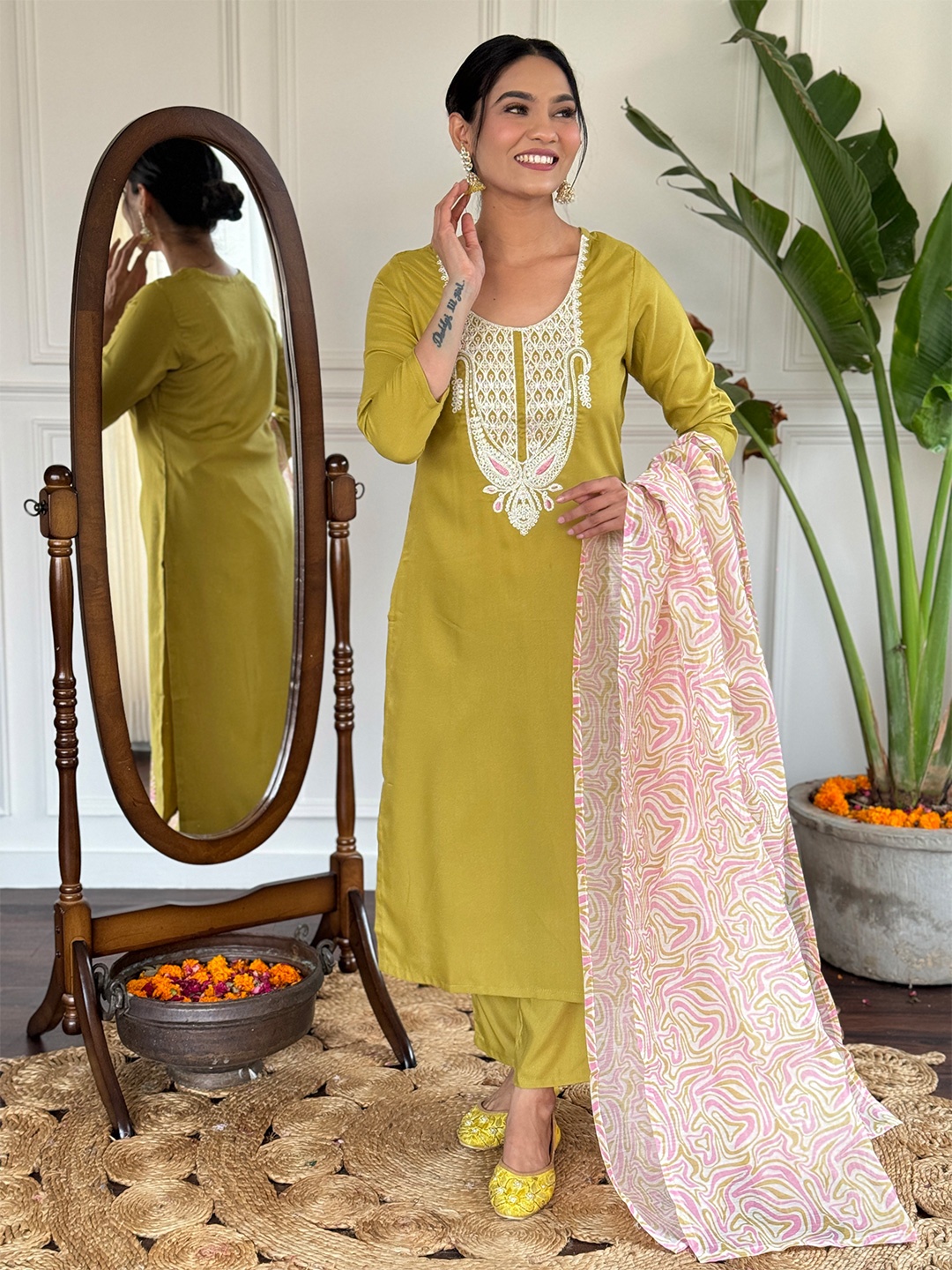 

KALINI Floral Embroidered Sequinned Kurta with Trouser & Dupatta, Lime green