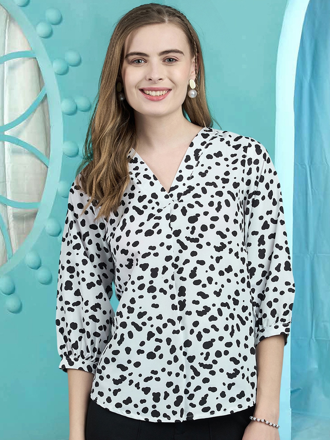 

Winza Designer Women Polka Dot Print Puff Sleeve Top, White