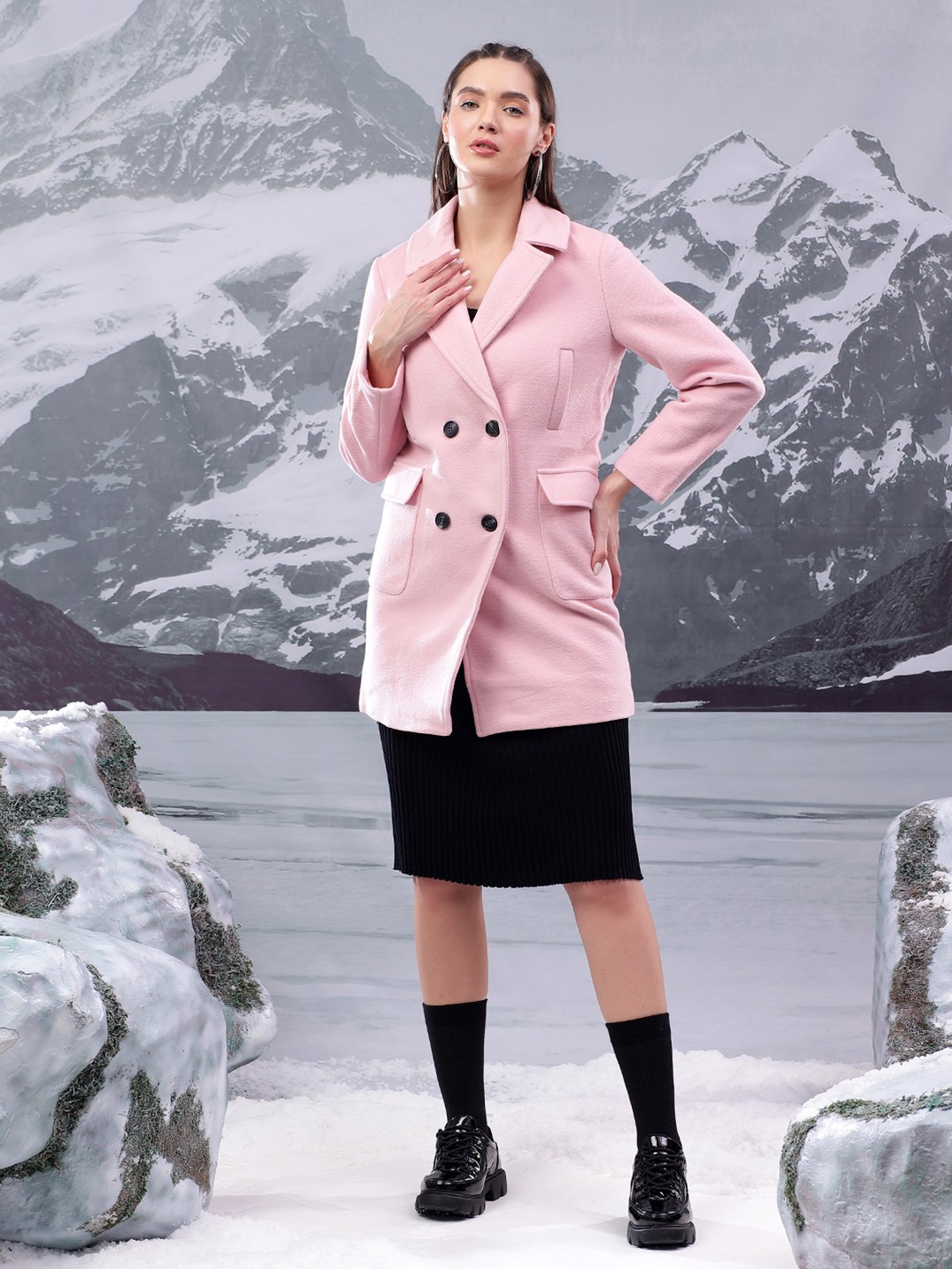 

Kotty Notched Lapel Double-Breasted Overcoat, Pink