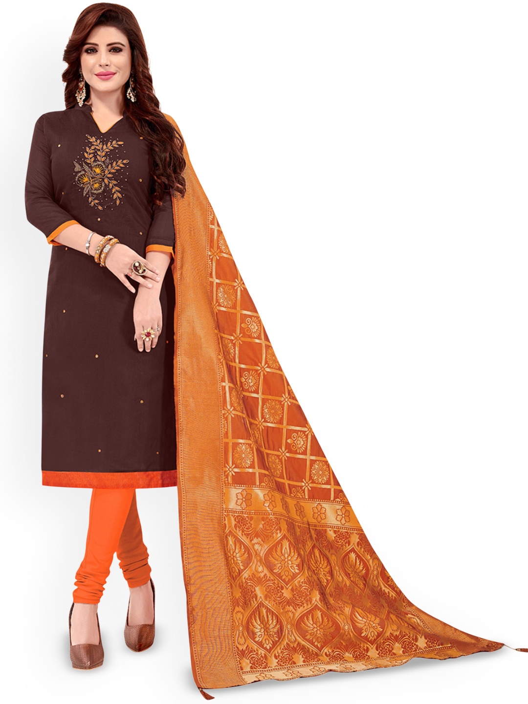 

Maroosh Floral Embroidered Unstitched Dress Material, Brown