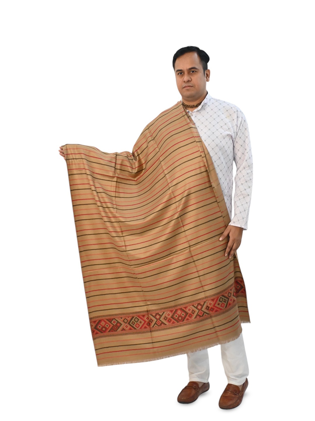 

Vrinde Kullu Design Kashmiri Striped Printed Woollen Shawl, Beige