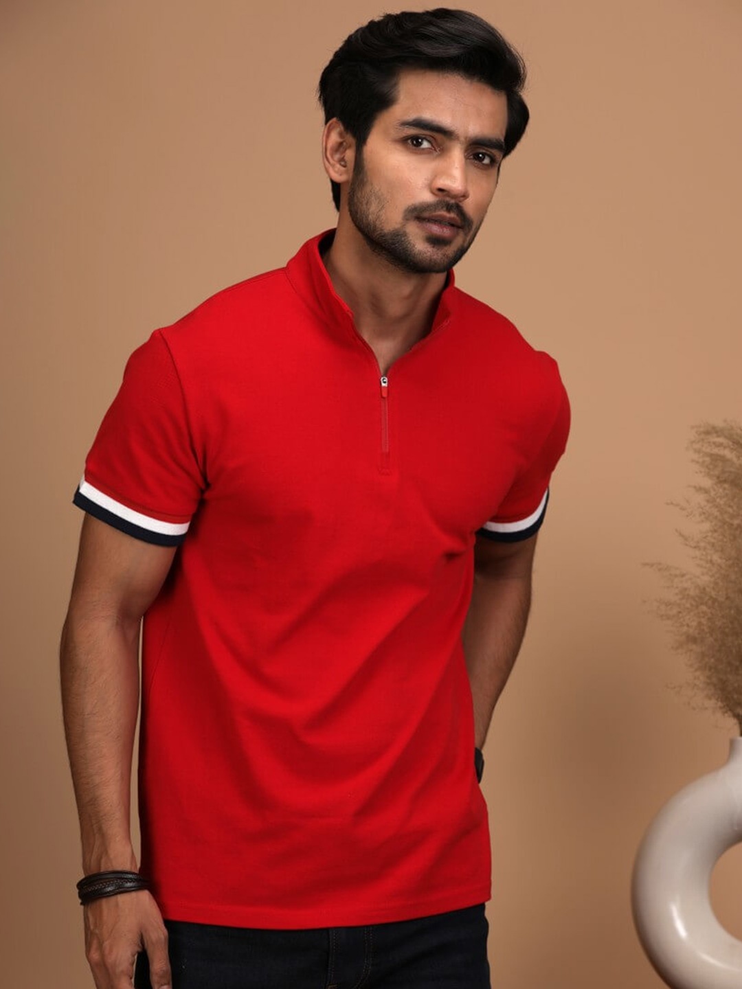 

FREBANO Men Polo Collar Bio Finish Applique T-shirt, Red