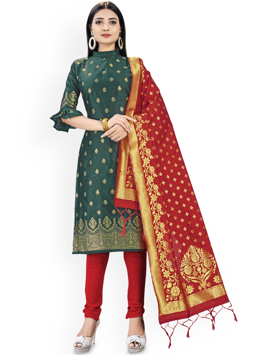 

Maroosh Ethnic Motifs Woven Design Zari Silk Unstitched Dress Material, Green