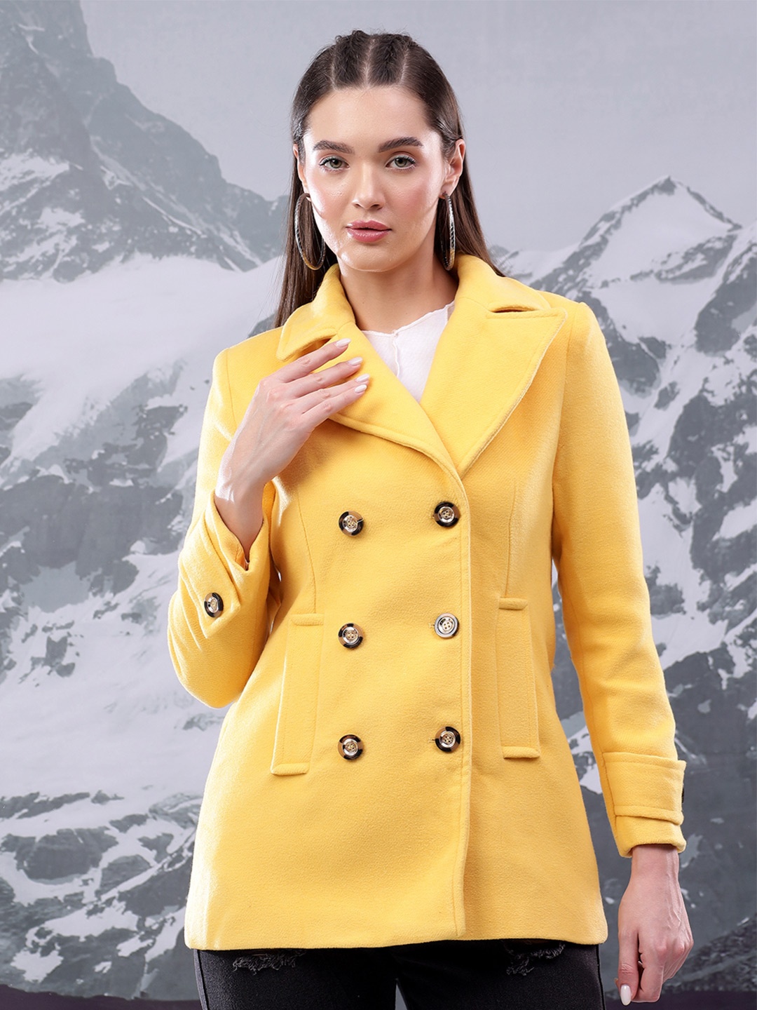 

Kotty Women Notched Lapel Double-Breasted Overcoat, Yellow