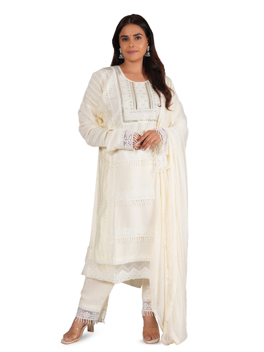 

MOZAFIA Floral Embroidered Sequinned Unstitched Dress Material, Cream