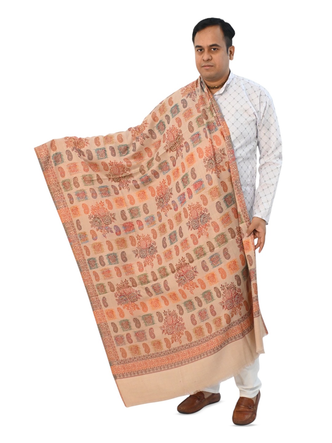 

Vrinde Paisley Woven Design Kashmiri Pure Woollen Shawl, Beige