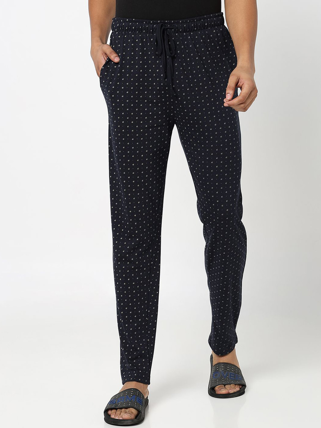 

R&B Men Printed Pure Cotton Lounge Pants, Blue