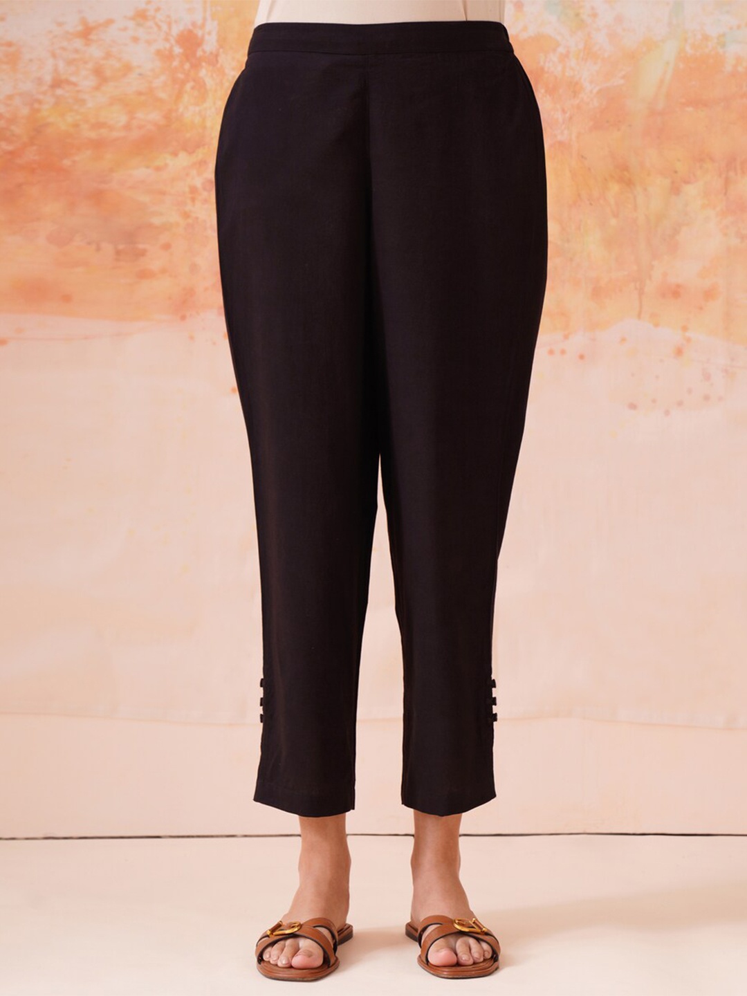 

JAYPORE Women Pure Cotton Relaxed Regular Trousers, Black