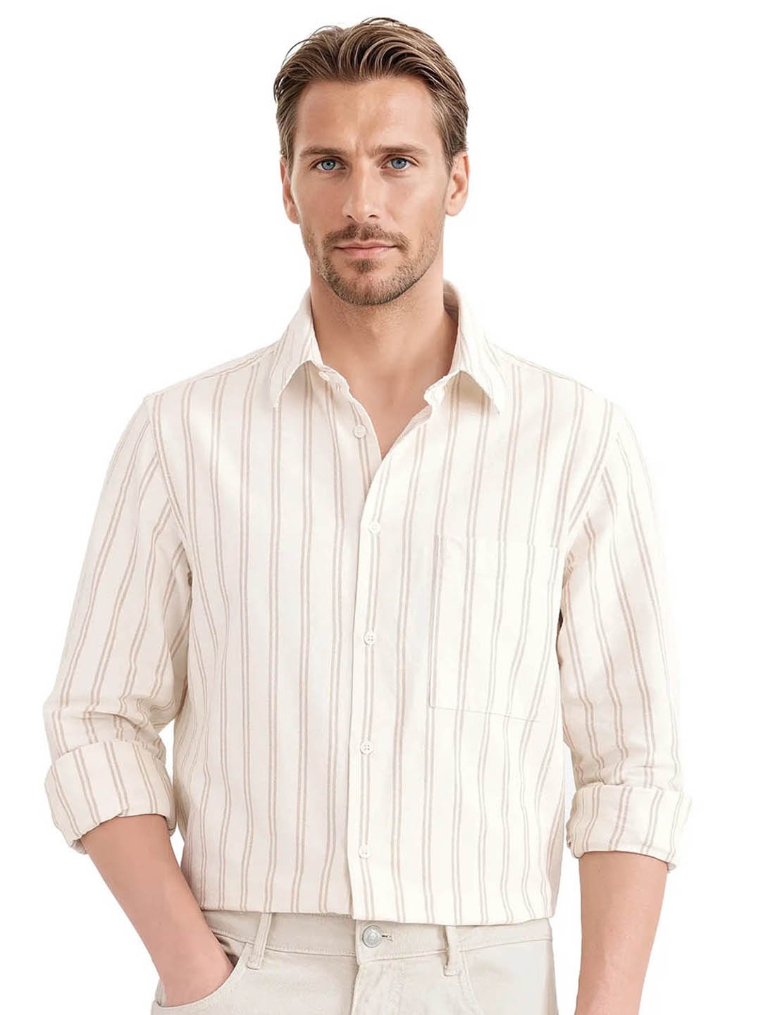

RARE RABBIT Men Comfort Spread Collar Vertical Striped Cotton Casual Shirt, Beige