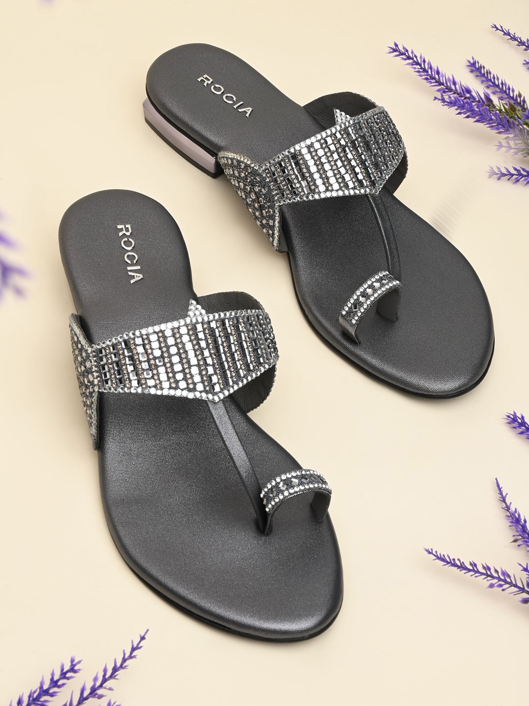 

Rocia Women Ethnic Embellished Open Toe Block Sandals, Grey