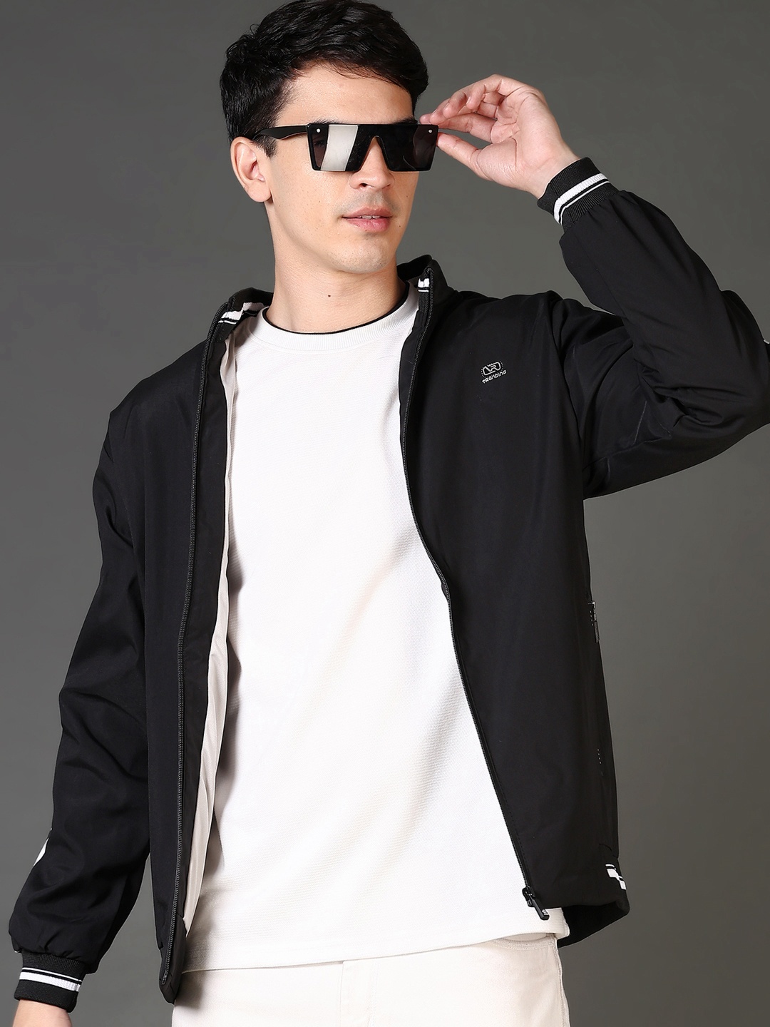 

V-Mart Men Mock Collar Striped Cotton Casual Bomber Jacket, Black