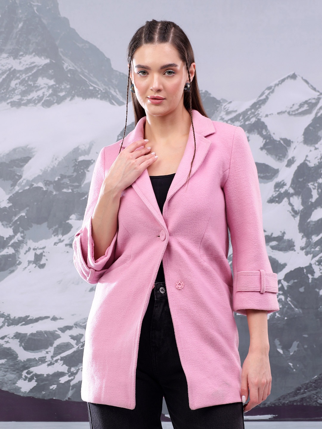 

Kotty Women Notched Lapel Collar Longline Overcoat, Pink