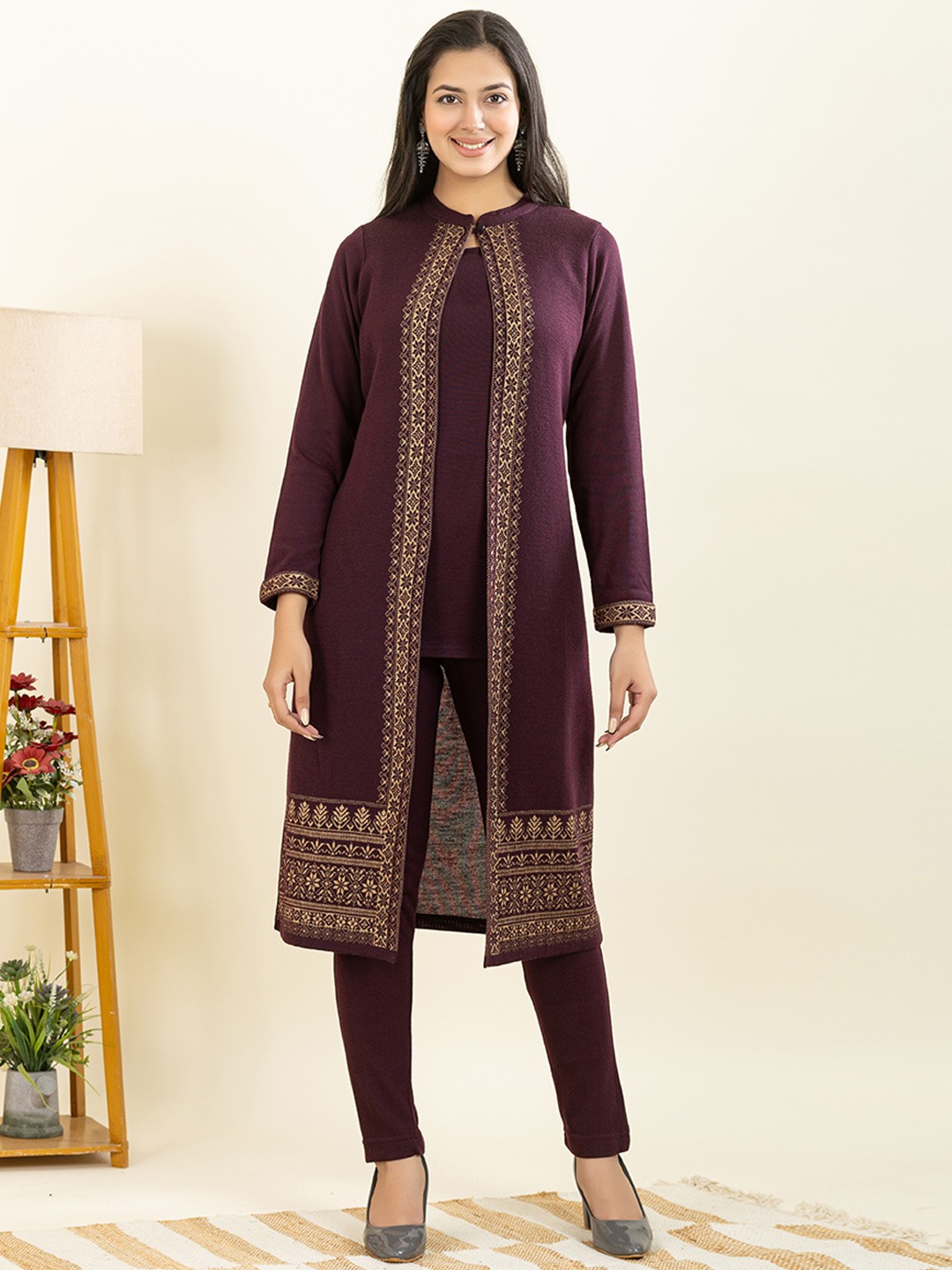 

Anouk Mauve Ethnic Motifs Woven Design Mandarin Collar Long Sleeves Regular Kurta