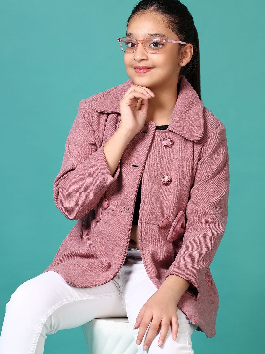 

V-Mart Girls Spread Collar Solid Cotton Casual Tailored Jacket, Mauve