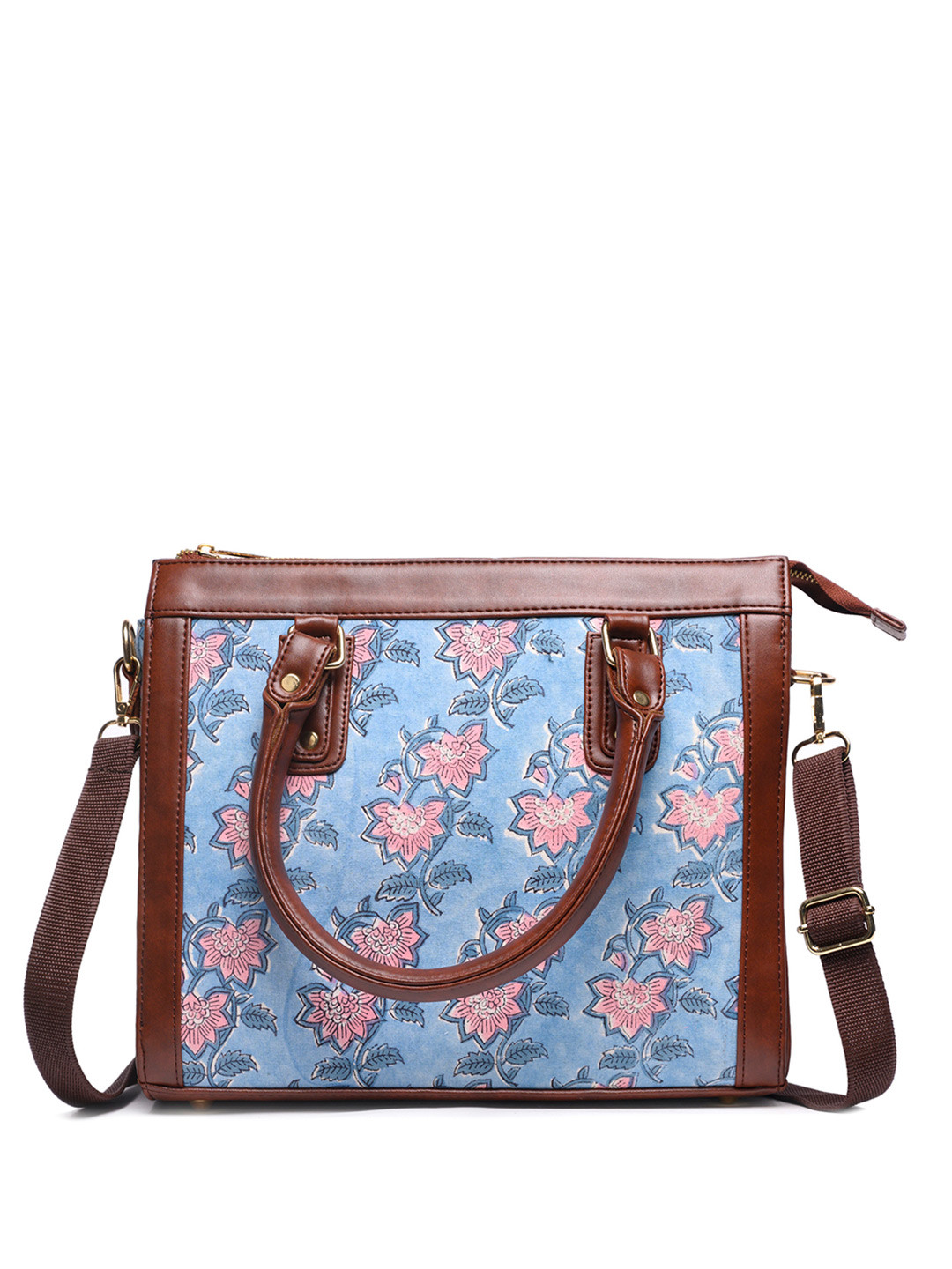 

Block N Style Women Floral Printed Structured Cotton Handheld Bag, Brown
