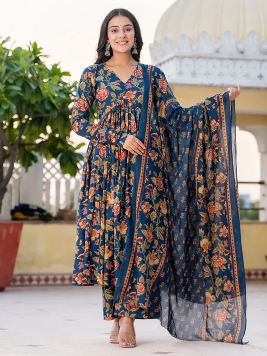 

KALINI Floral Printed Pure Cotton Kurta with Palazzos & Dupatta, Blue