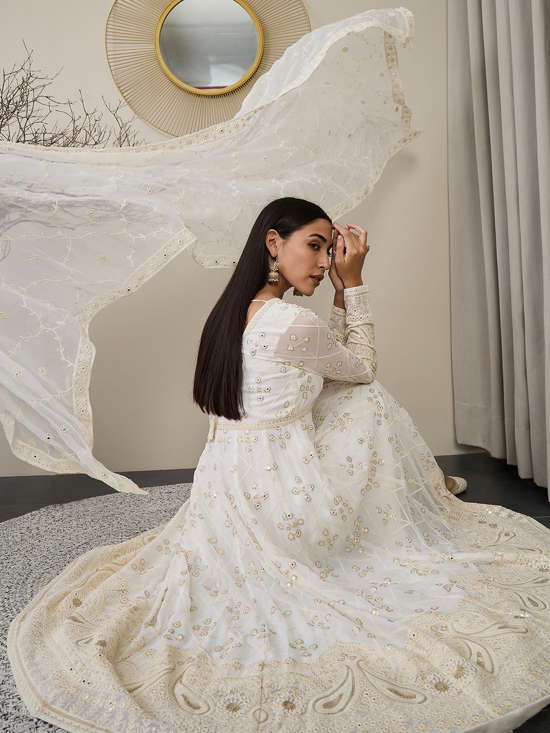 

ADORNIA V-Neck Floral Embroidered Empire Mirror Work Anarkali Kurta with Trouser & Dupatta, White