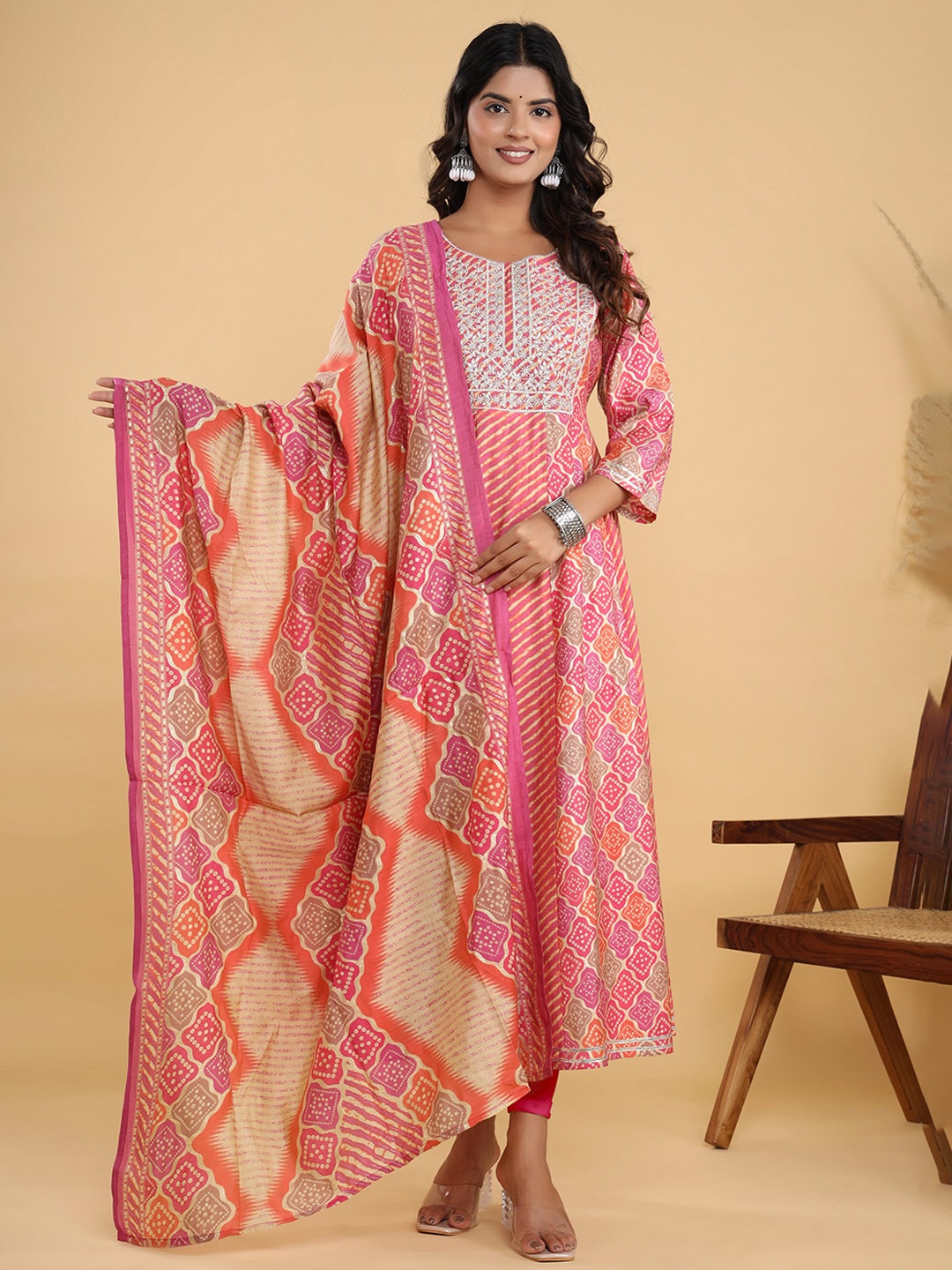 

Chandbaali Geometric Printed Panelled Cotton A-Line Kurta, Pink