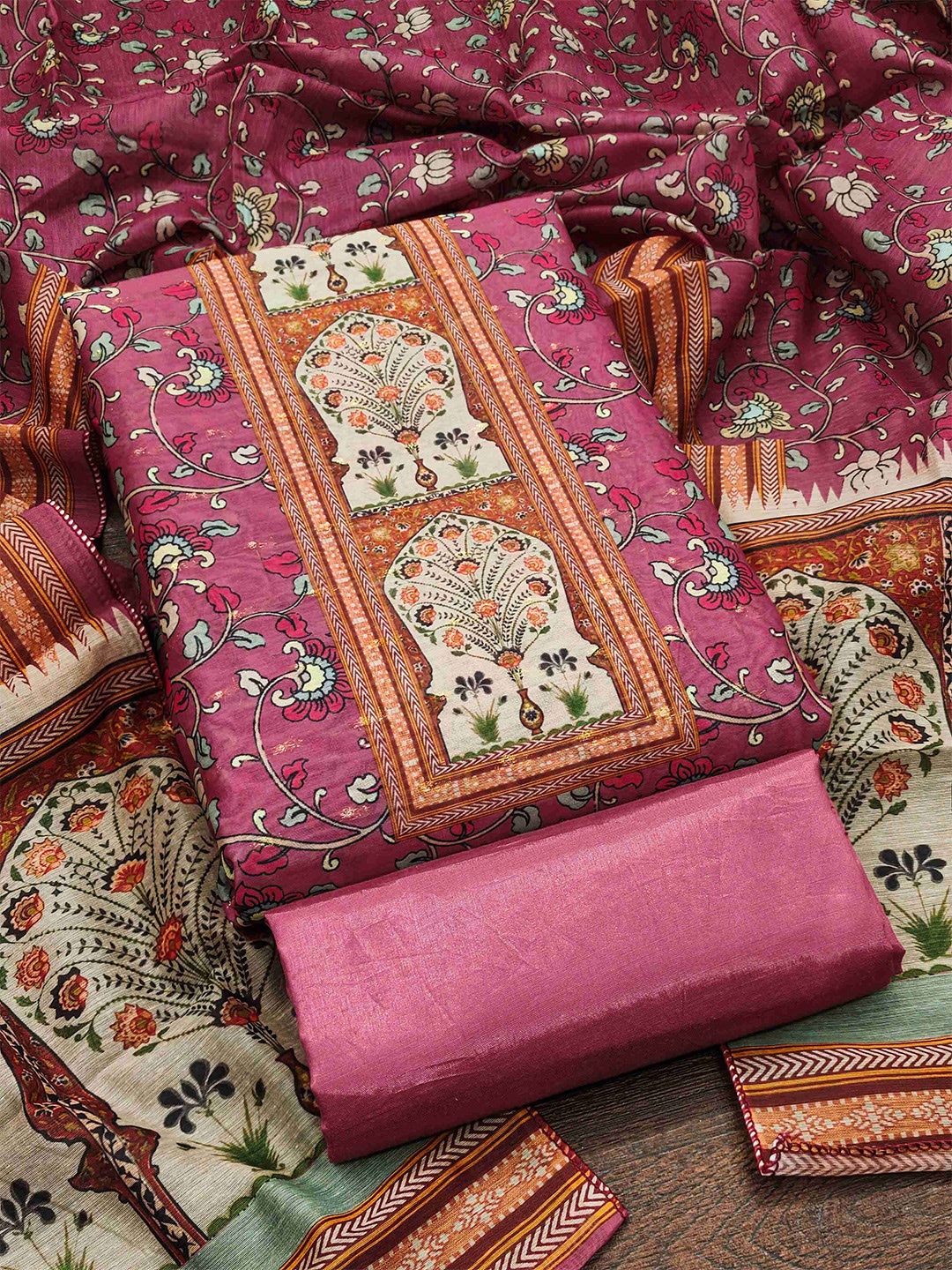 

RUDRAA FAB Ethnic Motifs printed Chanderi Unstitched Dress Material, Pink