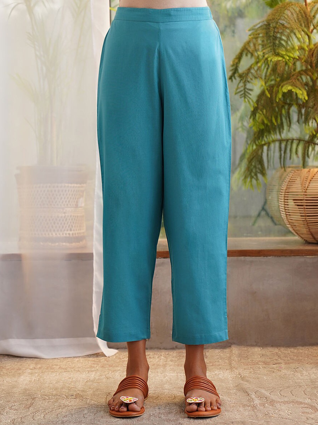 

JAYPORE Women Pure Cotton Relaxed Regular Trousers Trousers, Teal