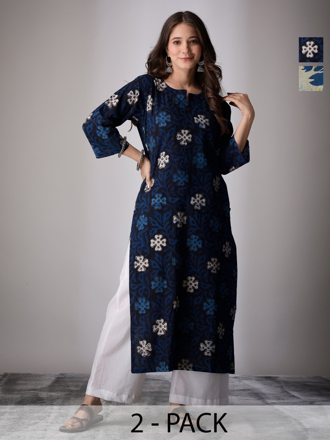 

DIMPLE DESIGN STUDIO Selection Of 2 Floral Printed Cotton Straight Kurta, Blue