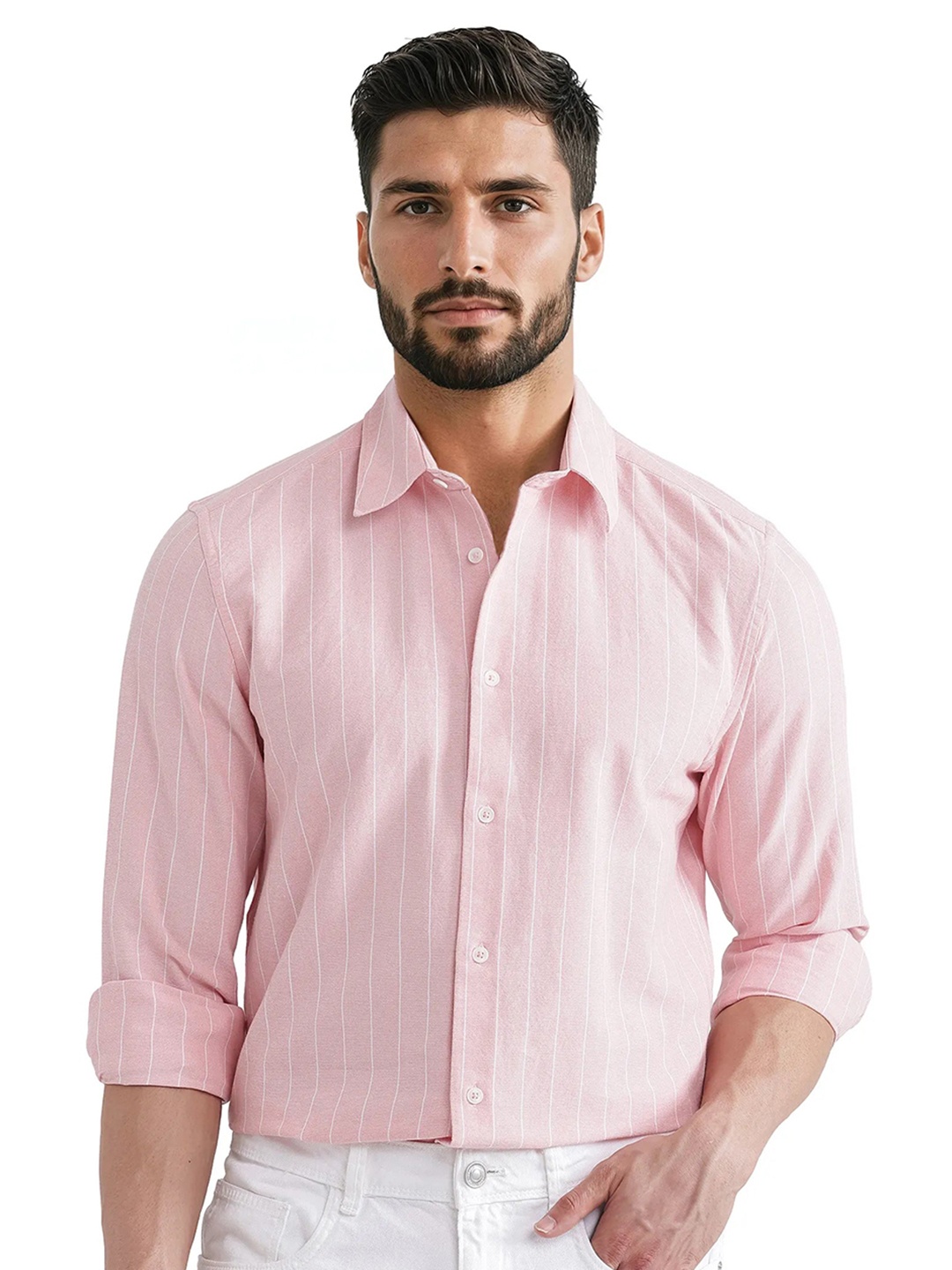 

RARE RABBIT Men Comfort Spread Collar Vertical Striped Cotton Casual Shirt, Pink