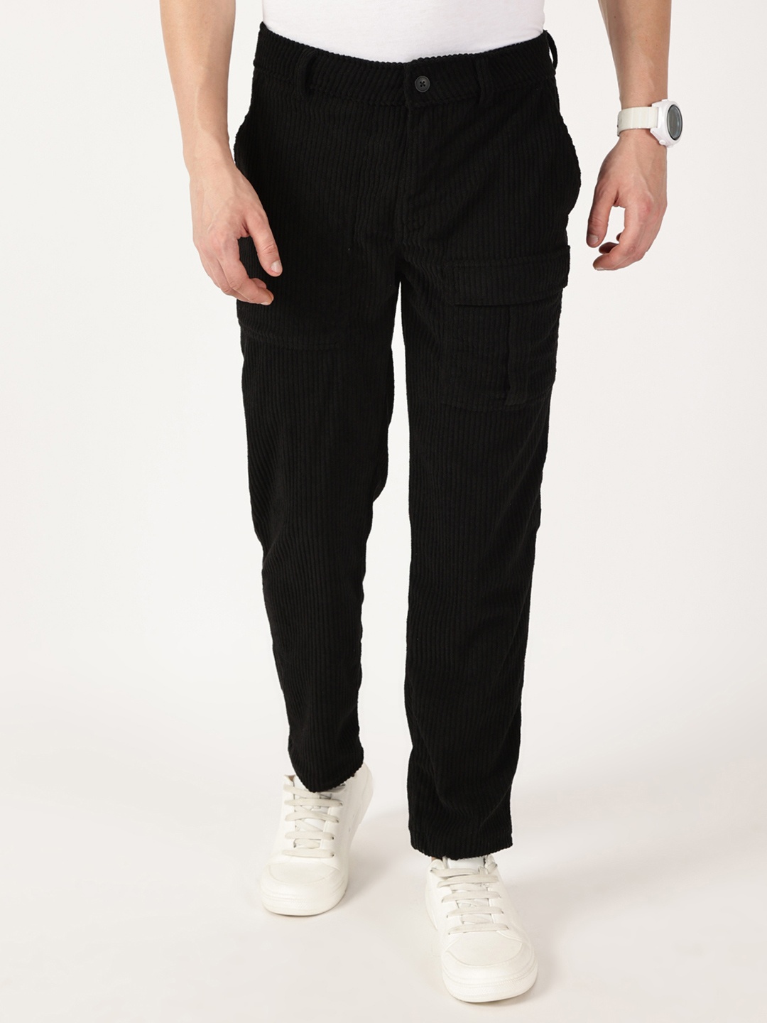 

Thomas Scott Men Smart Straight Fit Corduroy Cargos Trousers, Black
