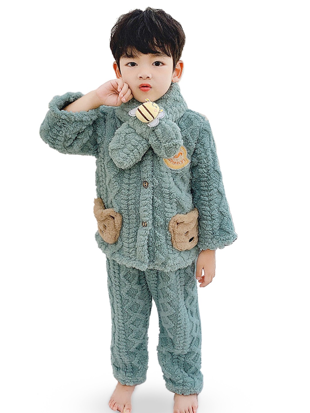 

Babymoon Kids Self Design Winter Night suit With Scraf, Green