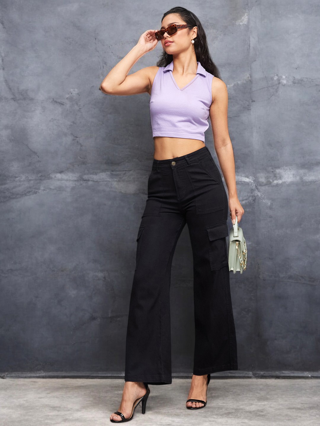 

DressBerry Women Wide Leg High-Rise Stretchable Jeans, Black
