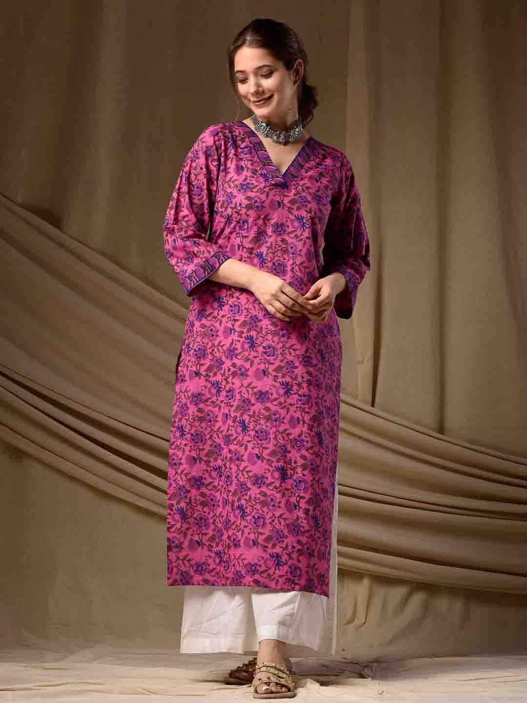 

DIMPLE DESIGN STUDIO Floral Bloch Printed V-Neck Pure Cotton Straight Kurta, Pink