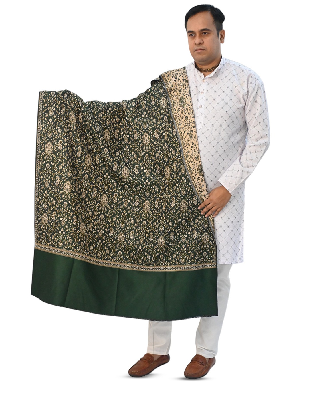 

Vrinde Floral Woven Design Kashmiri Pure Woollen Shawl, Olive