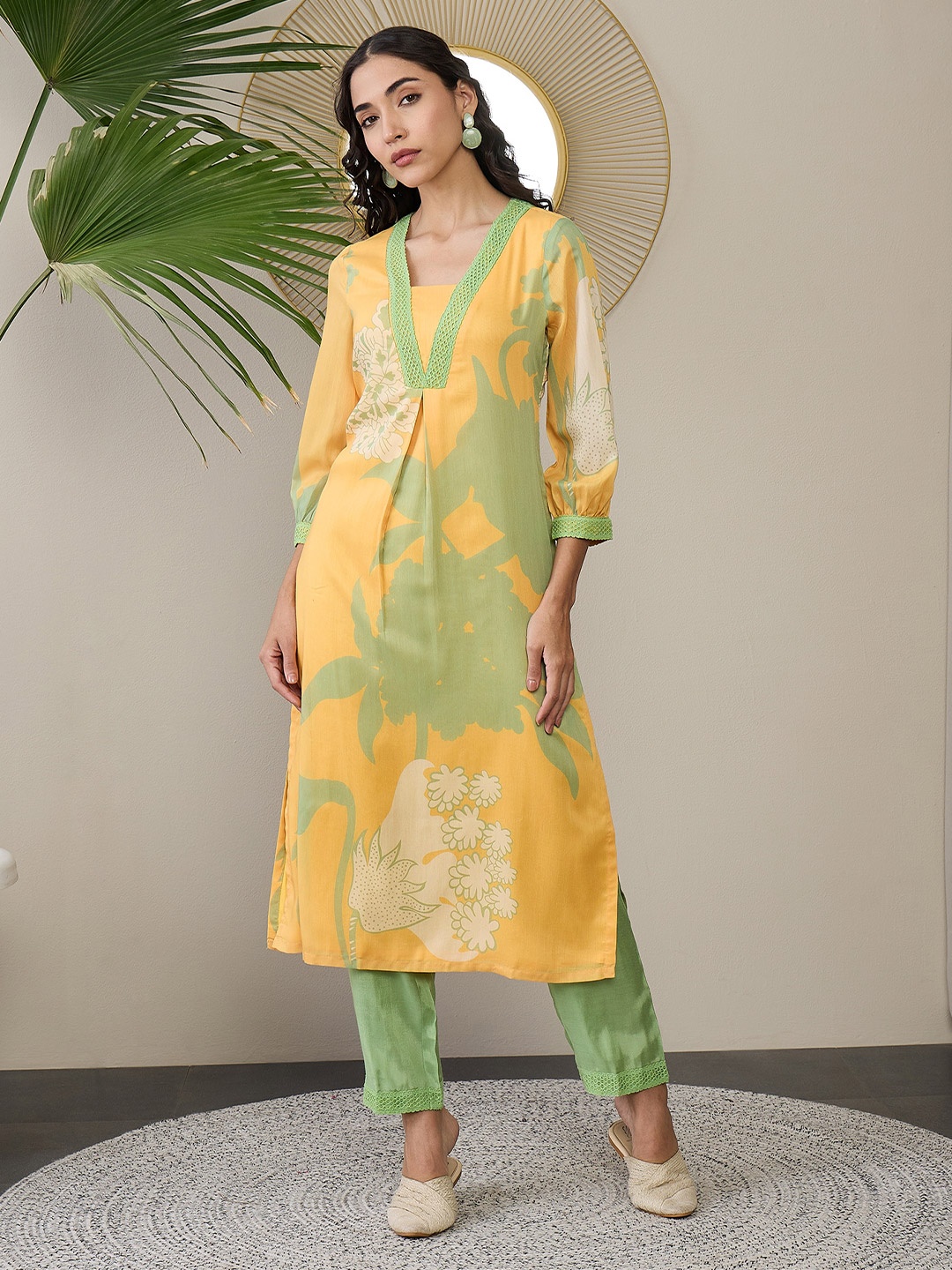 

ADORNIA Square Neck Floral Printed Gotta Patti A-Line Kurta with Trousers, Yellow