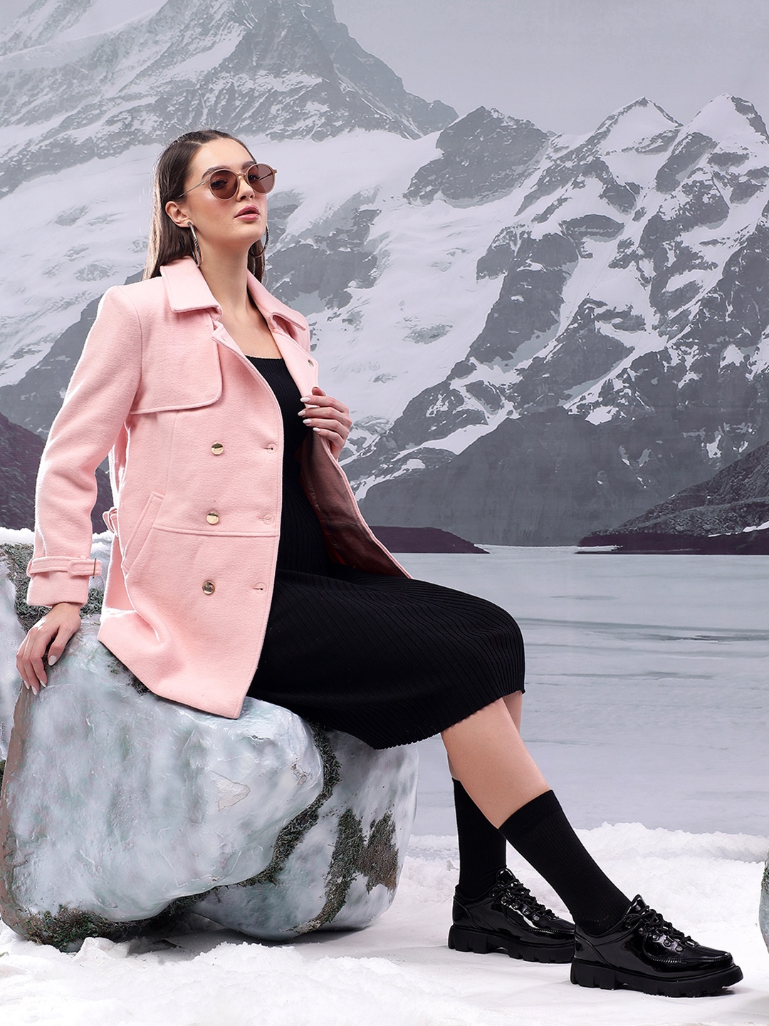 

Kotty Women Notched Lapel Overcoat, Pink