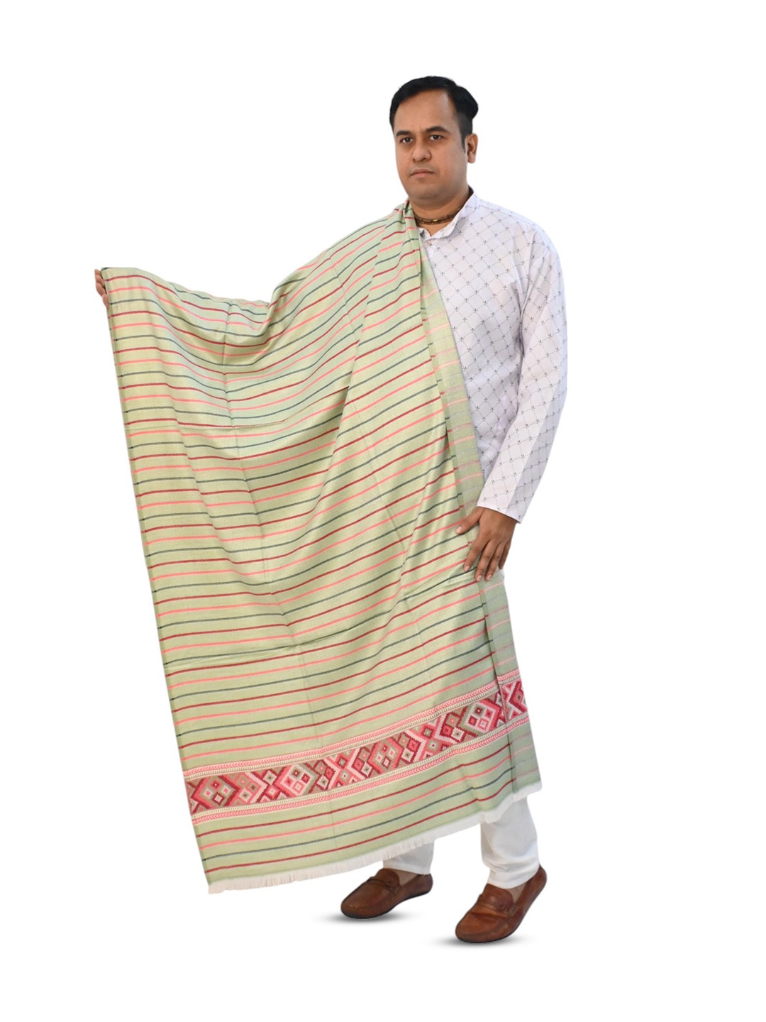

Vrinde Striped Kashmiri Pure Woollen Shawl, Green