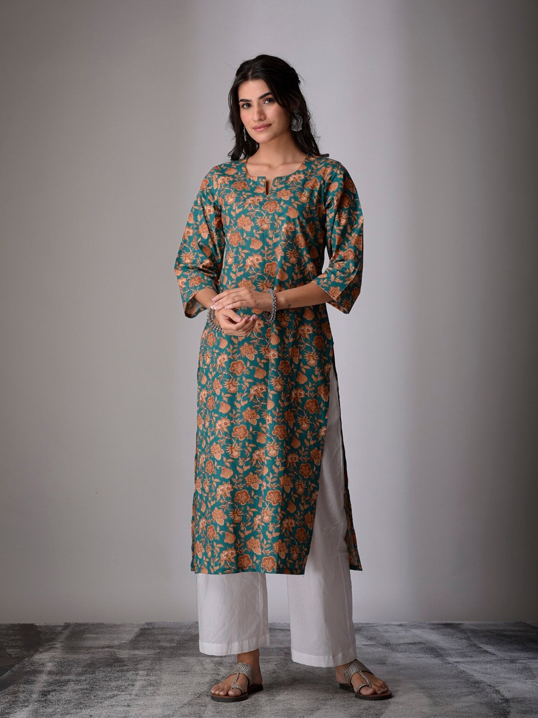 

DIMPLE DESIGN STUDIO Floral Printed Notch Neck Cotton Straight Kurta, Teal