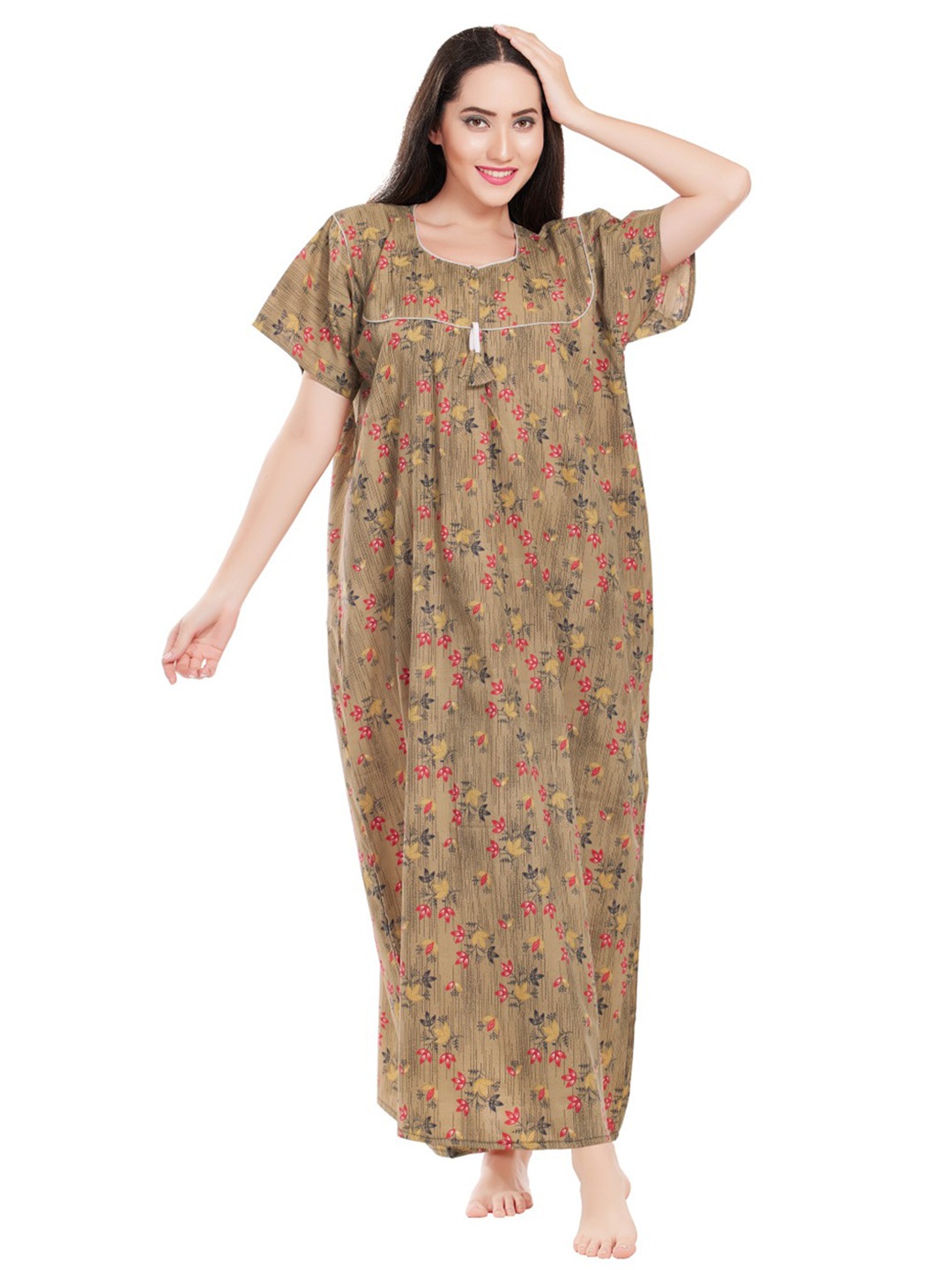 

Zionity Women Floral Printed Maxi Nightdress, Beige