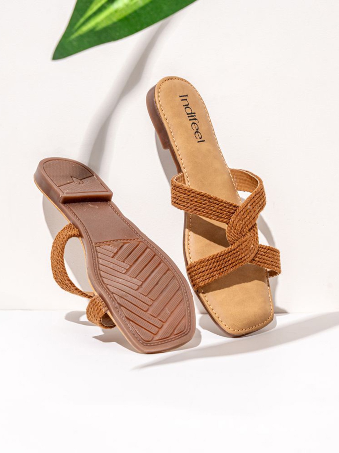 

Indifeet Women Open Square Toe Cross Strap Jute Textured Flats, Brown