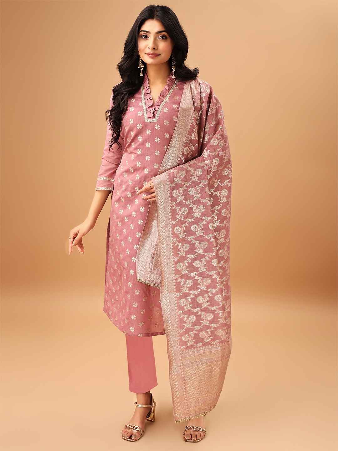 

Sashay Boutique Woven Design Jacquard Chanderi Cotton Kurta with Trouser & Dupatta, Peach