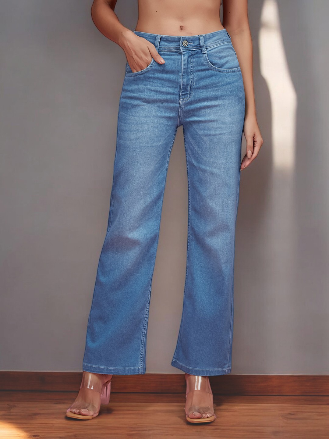 

DressBerry Women Wide Leg Light Fade Stretchable Jeans, Blue