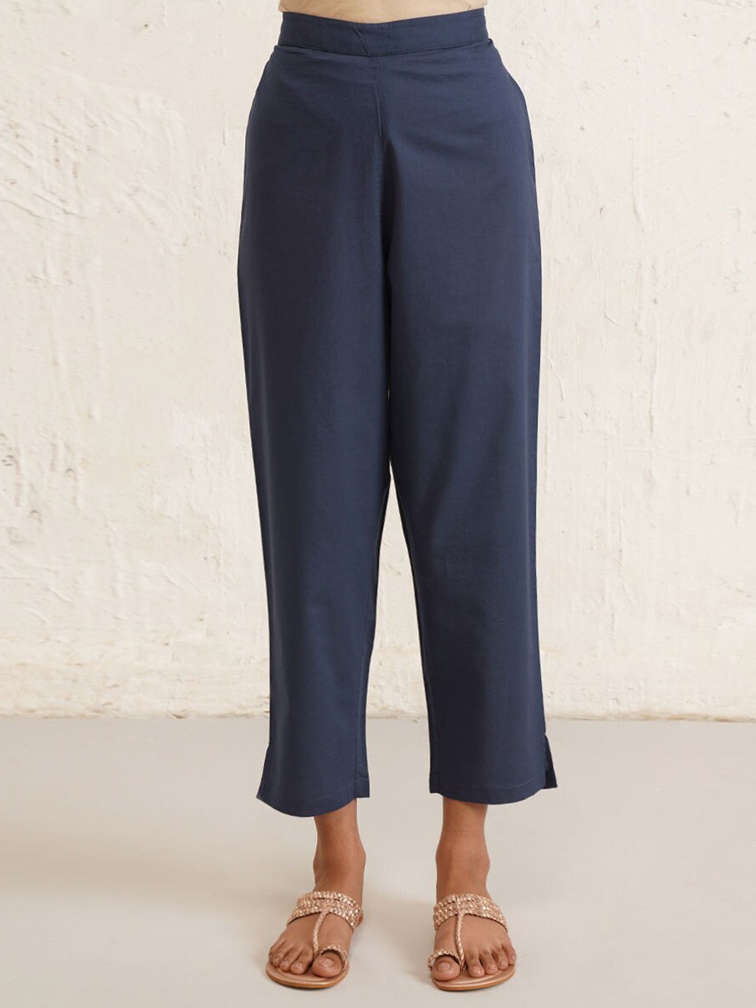 

JAYPORE Women Pure Cotton Relaxed Pleated Regular Trousers, Blue