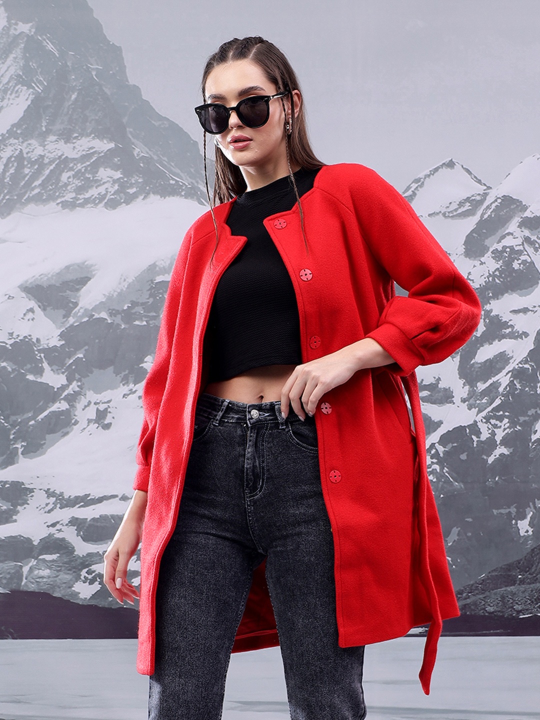 

Kotty Women Notched Lapel Single-Breasted Overcoat, Red