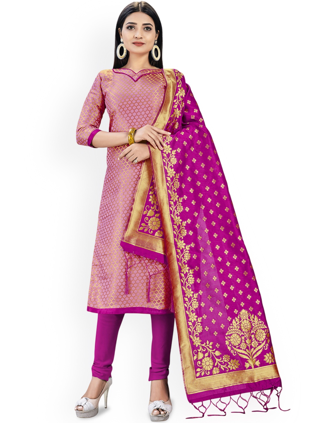 

Maroosh Floral Zari Woven Design Unstitched Dress Material, Pink