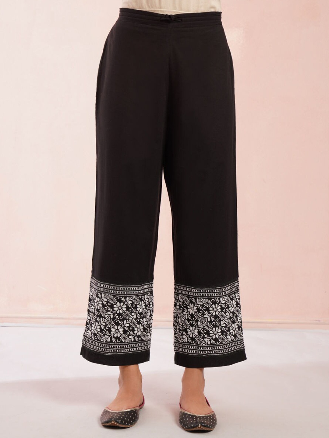 

JAYPORE Women Ethnic Motifs Embroidered Relaxed Cotton Trousers, Black