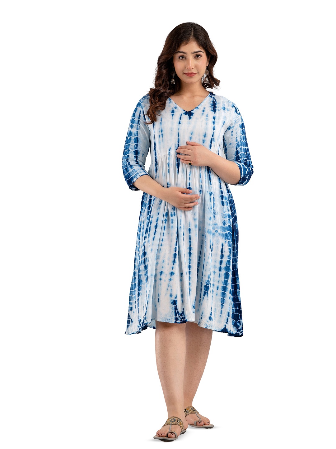 

CELEBRAVO Women Tie-Dye Printed Fit & Flared Maternity Midi Ethnic Dresses, Blue