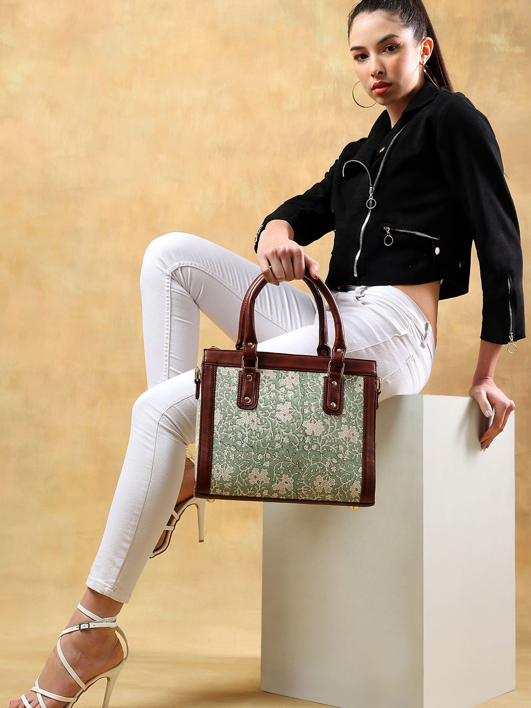 

Block N Style Women Floral Printed Structured Cotton Handheld Bag, Brown