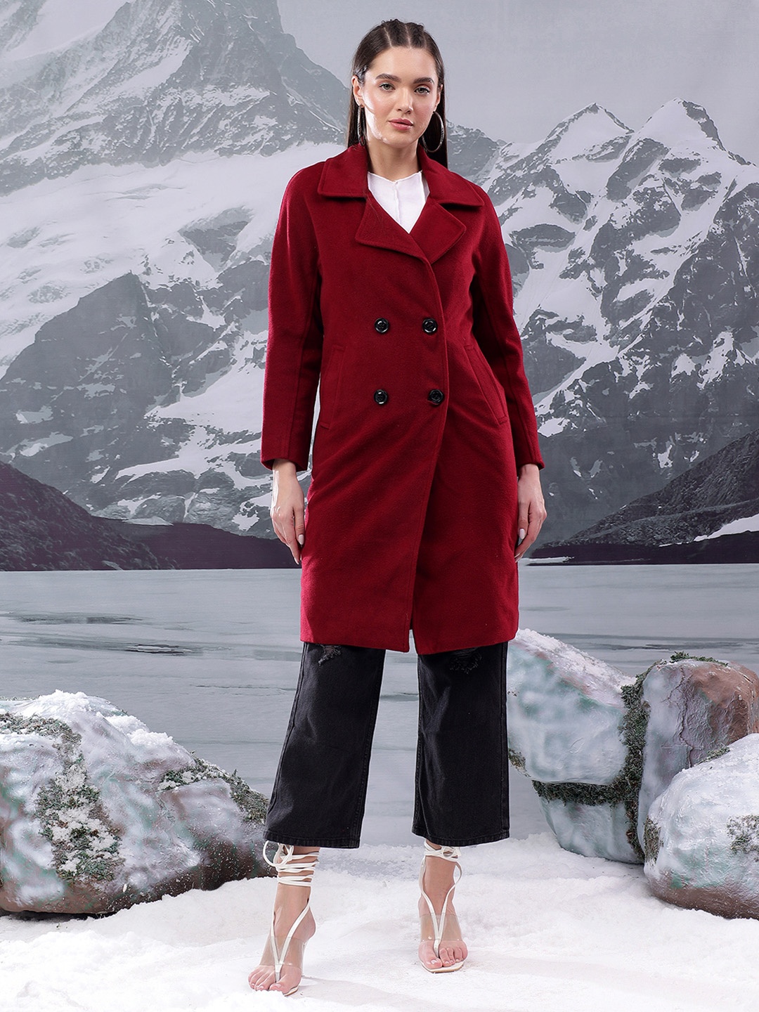 

Kotty Women Notched Lapel Single-Breasted Overcoat, Maroon