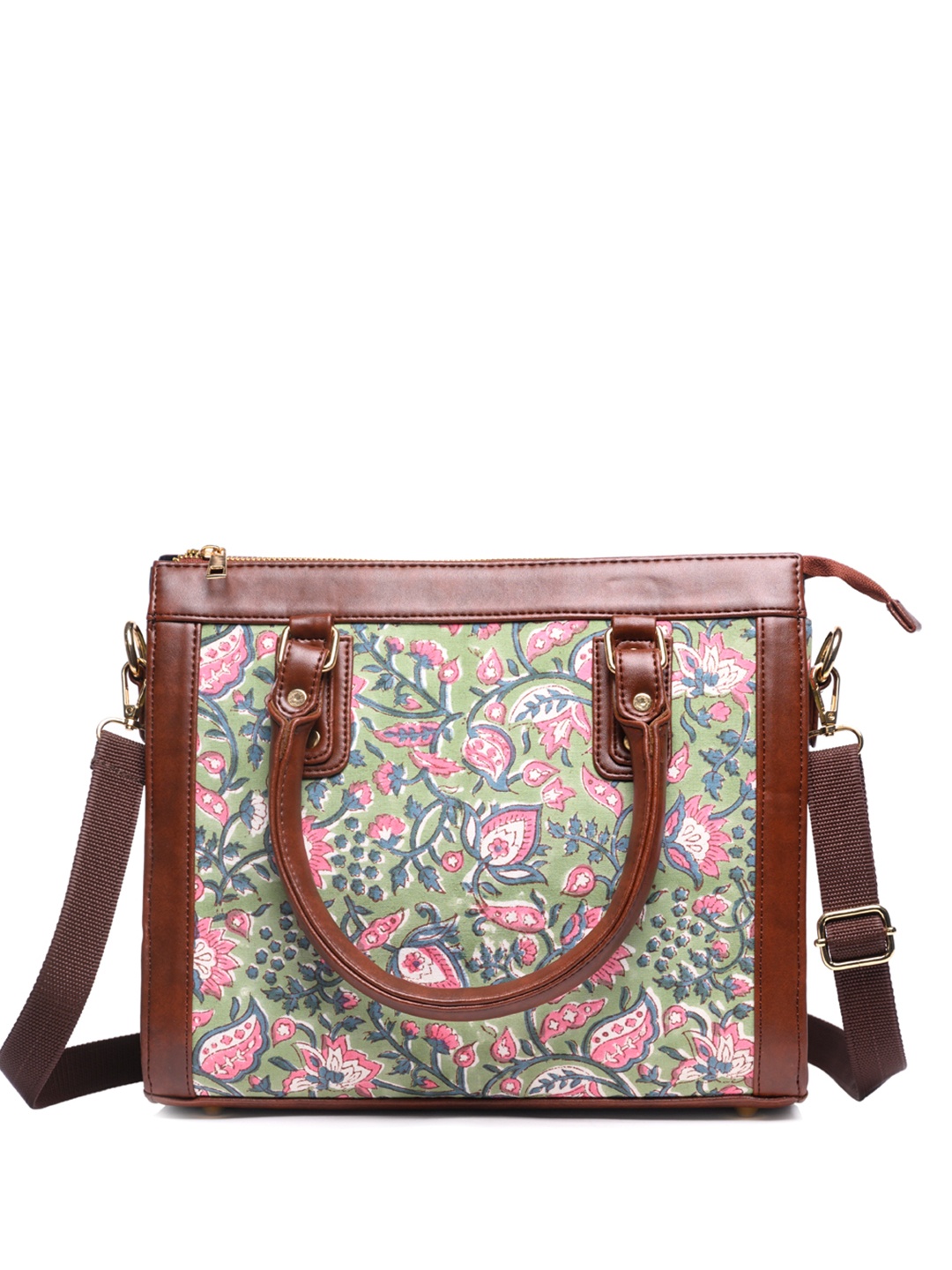 

Block N Style Women Floral Printed Structured Cotton Handheld Bag, Brown