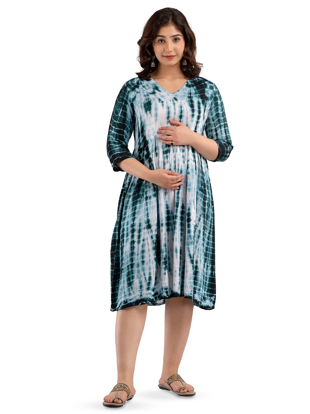 

CELEBRAVO Women Tie-Dye Fit & Flare Maternity Midi Ethnic Dress, Green